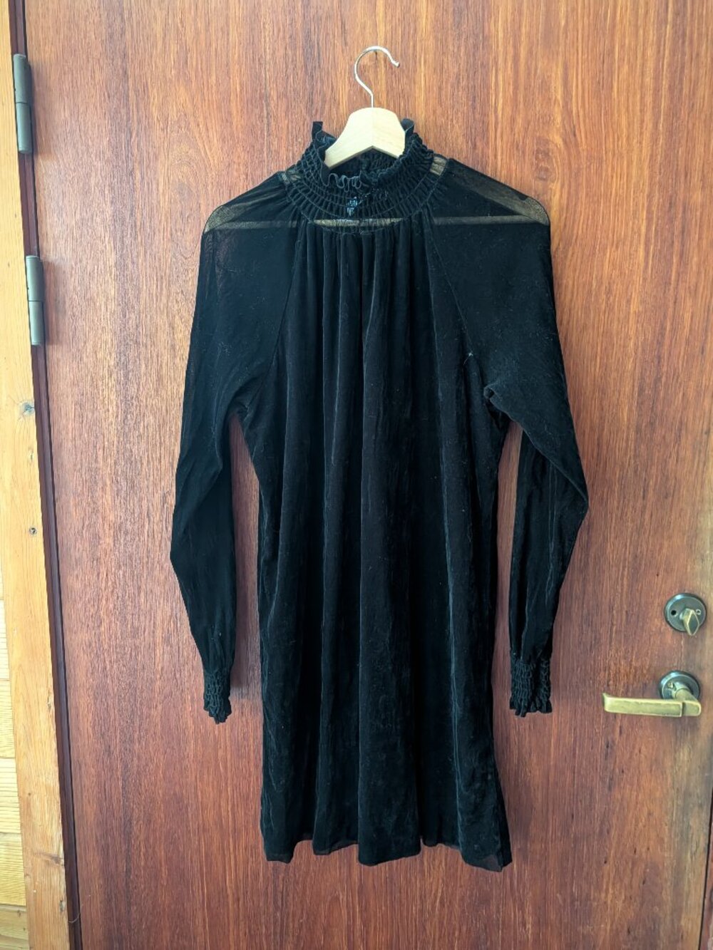 Amanda Uprichard Black Velvet Sheer Sleeve Smocked Mini Dress Large